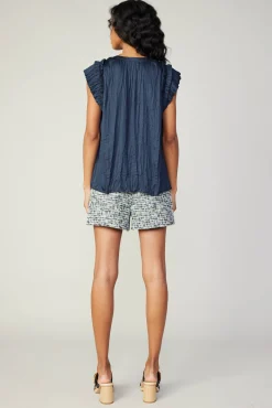 Current Air Sleeveless Tops-Crinkled Flutter Sleeve Top SLATENAVY