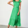 Current Air Midi Dresses-Crinkled Ruffled Shoulder Midi Dress DEEPSPRINGGREEN