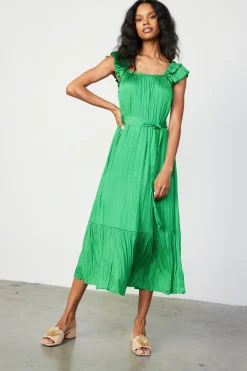 Current Air Midi Dresses-Crinkled Ruffled Shoulder Midi Dress DEEPSPRINGGREEN