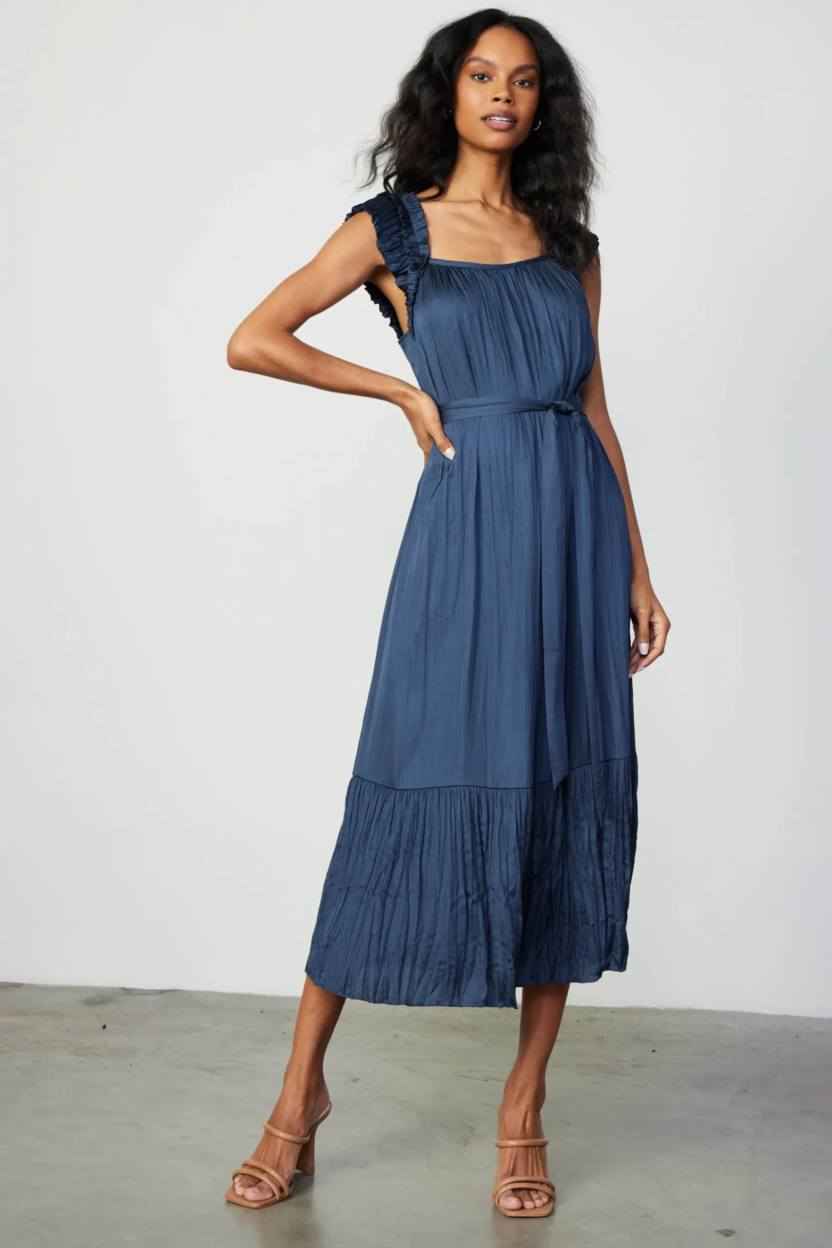 Current Air Midi Dresses-Crinkled Ruffled Shoulder Midi Dress NAVY