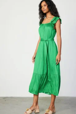 Current Air Midi Dresses-Crinkled Ruffled Shoulder Midi Dress DEEPSPRINGGREEN