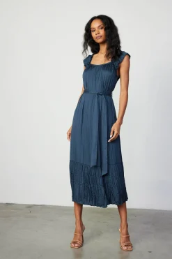 Current Air Midi Dresses-Crinkled Ruffled Shoulder Midi Dress NAVY