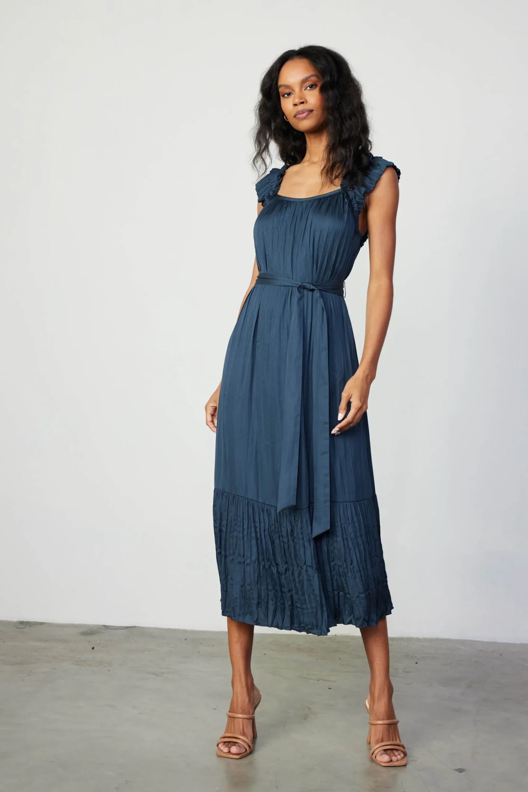 Current Air Midi Dresses-Crinkled Ruffled Shoulder Midi Dress NAVY