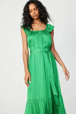 Current Air Midi Dresses-Crinkled Ruffled Shoulder Midi Dress DEEPSPRINGGREEN