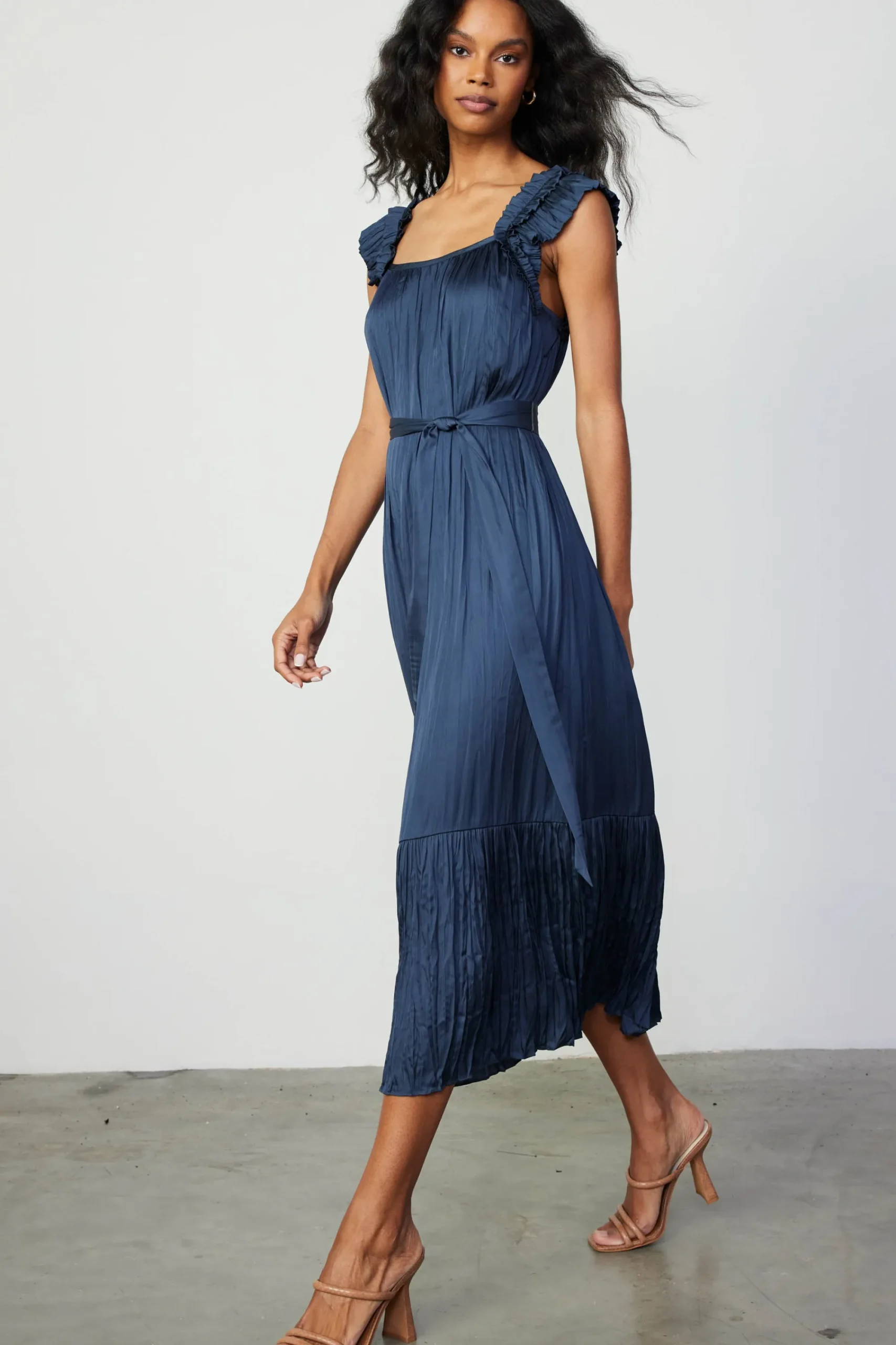 Current Air Midi Dresses-Crinkled Ruffled Shoulder Midi Dress NAVY