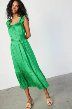 Current Air Midi Dresses-Crinkled Ruffled Shoulder Midi Dress DEEPSPRINGGREEN