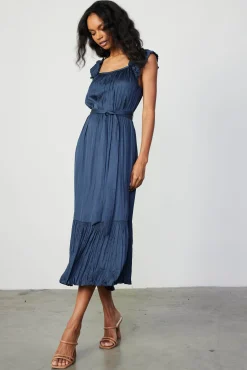 Current Air Midi Dresses-Crinkled Ruffled Shoulder Midi Dress NAVY