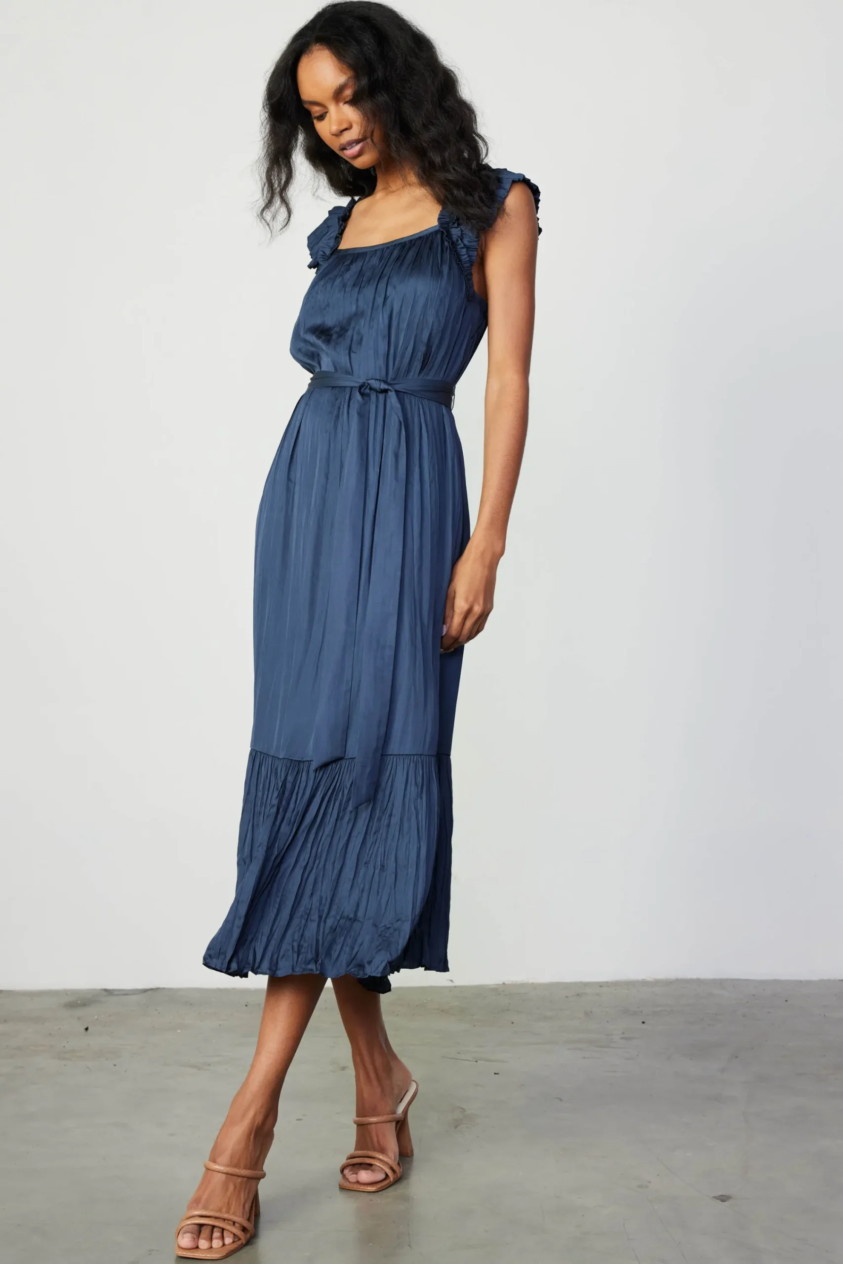 Current Air Midi Dresses-Crinkled Ruffled Shoulder Midi Dress NAVY