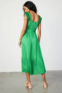 Current Air Midi Dresses-Crinkled Ruffled Shoulder Midi Dress DEEPSPRINGGREEN