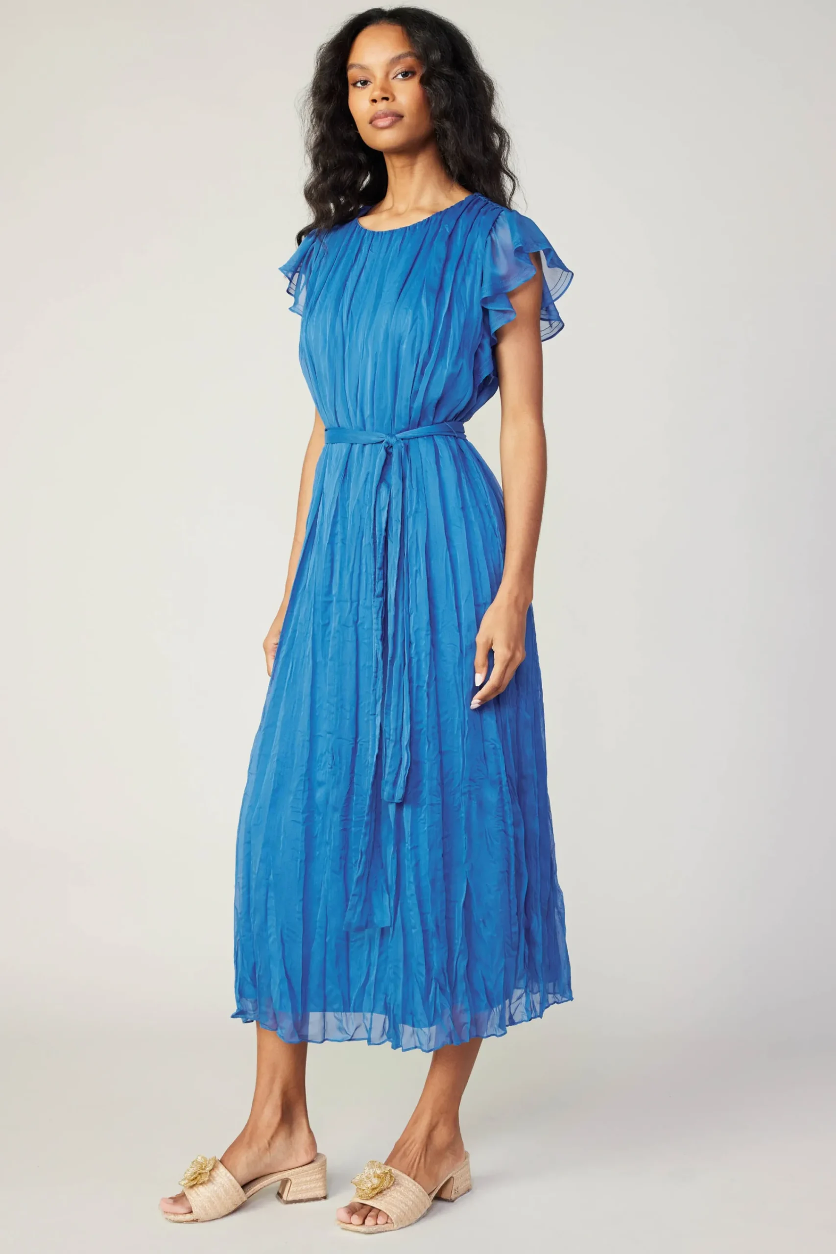 Current Air Midi Dresses-Crinkled Texture Flutter Dress AZUREBLUE