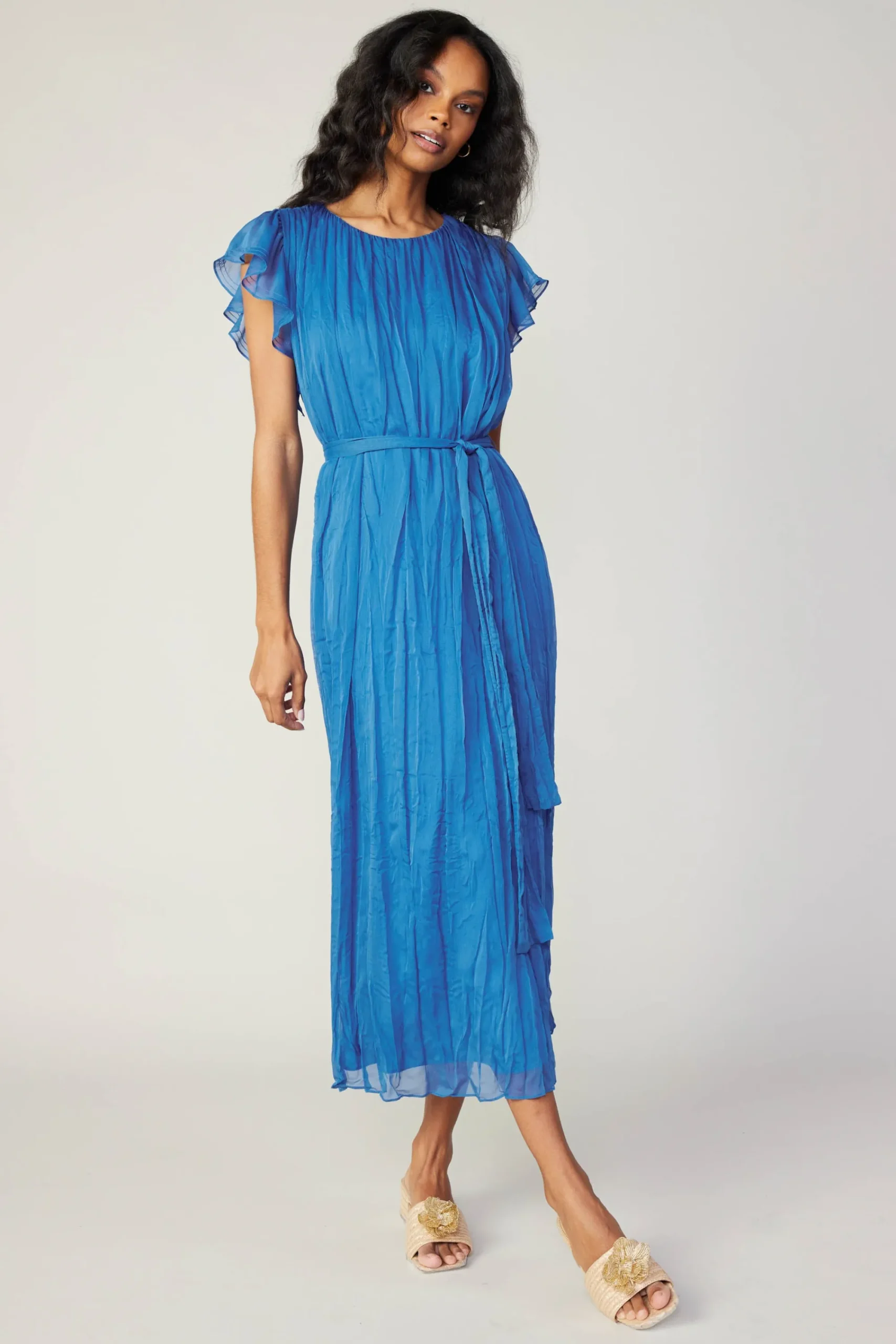 Current Air Midi Dresses-Crinkled Texture Flutter Dress AZUREBLUE