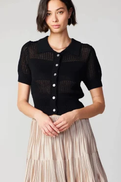 Current Air Knitwear | Short Sleeve Tops-Cropped Knit Top BLACK