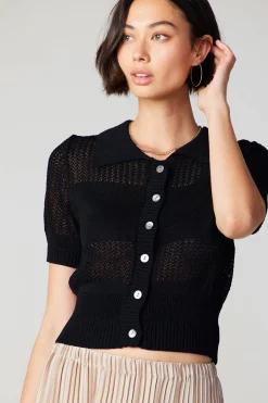 Current Air Knitwear | Short Sleeve Tops-Cropped Knit Top BLACK