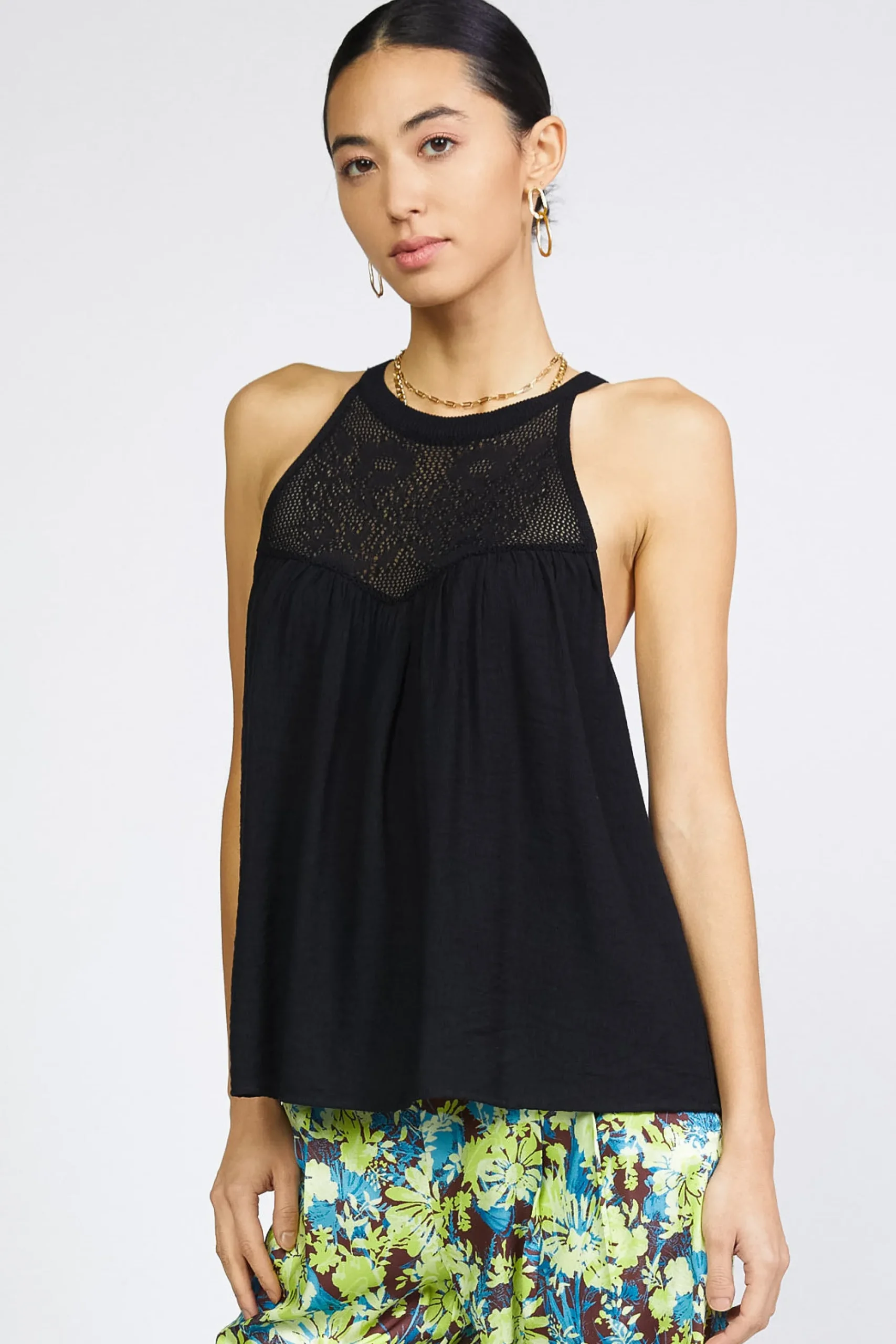 Current Air Sleeveless Tops | Sweaters-Crotchet Yoke Top BLACK