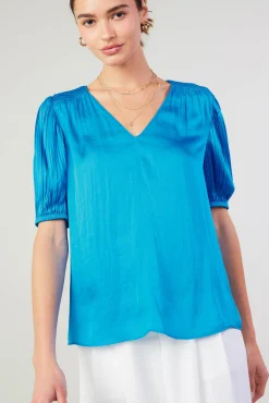 Current Air Short Sleeve Tops-Cuffed Pleated Yoke top BLUE