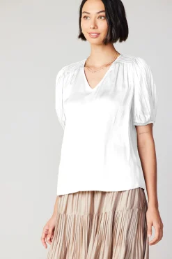 Current Air Short Sleeve Tops-Cuffed Pleated Yoke Top WHITE