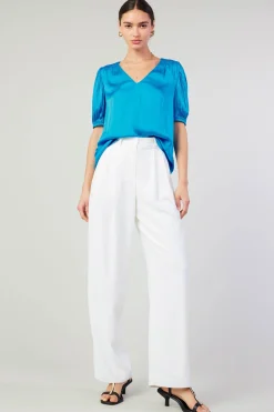 Current Air Short Sleeve Tops-Cuffed Pleated Yoke top BLUE