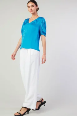 Current Air Short Sleeve Tops-Cuffed Pleated Yoke top BLUE