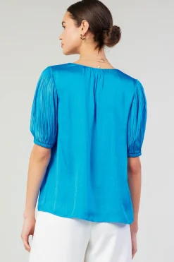 Current Air Short Sleeve Tops-Cuffed Pleated Yoke top BLUE