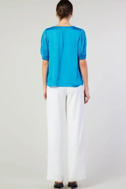 Current Air Short Sleeve Tops-Cuffed Pleated Yoke top BLUE