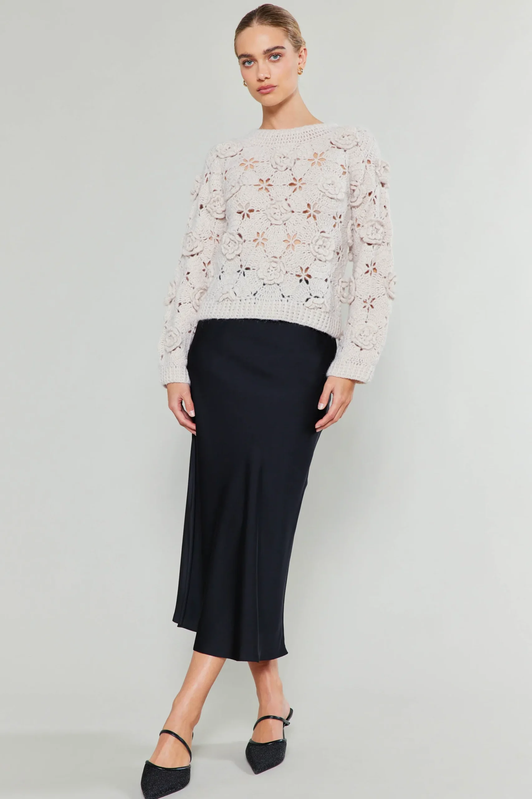Current Air Knitwear | Sweaters-3D Floral Crochet Sweater IVORY