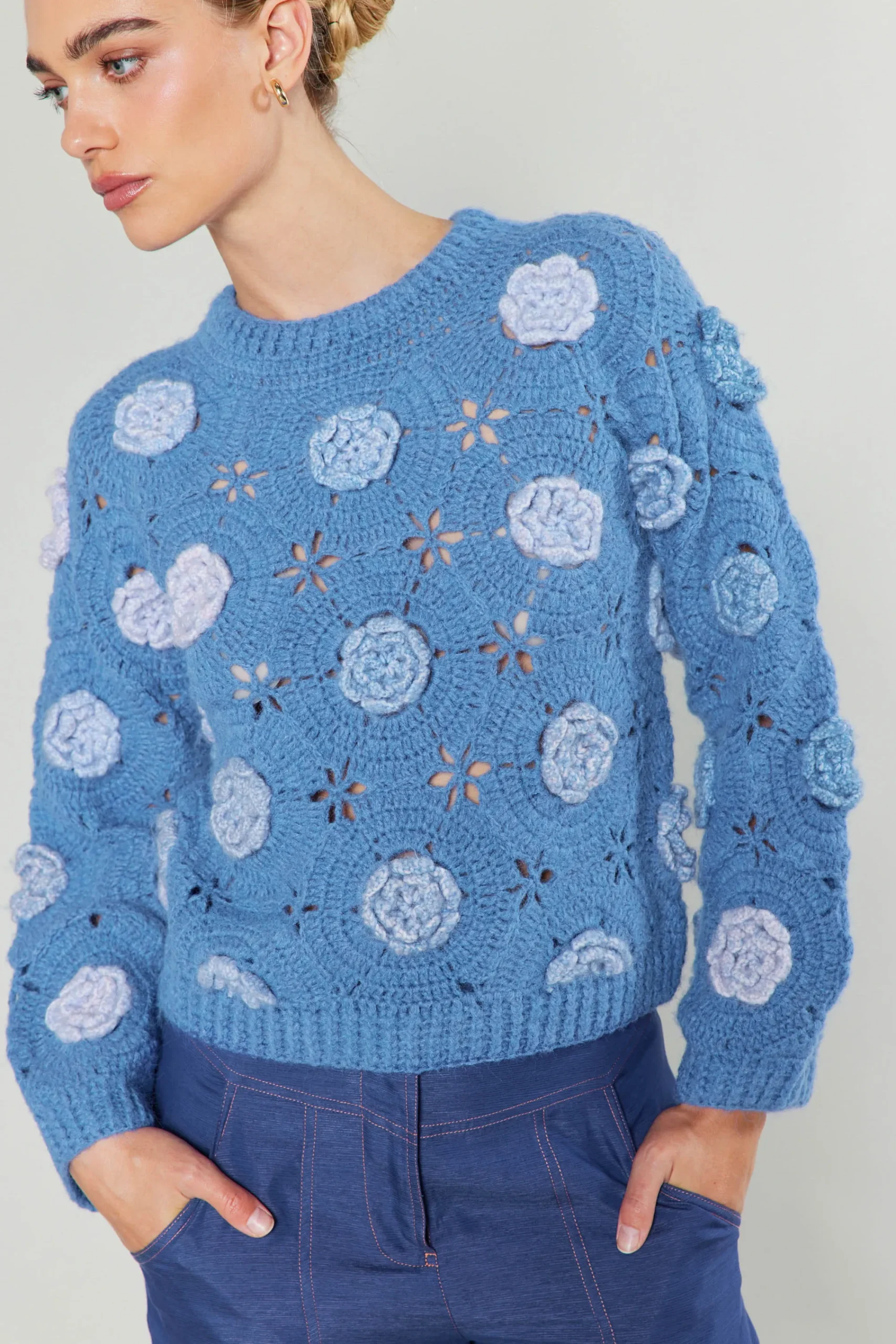 Current Air Knitwear | Sweaters-3D Floral Crochet Sweater BLUEMLT
