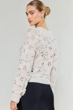 Current Air Knitwear | Sweaters-3D Floral Crochet Sweater IVORY
