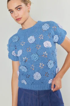 Current Air Knitwear | Short Sleeve Tops-3D Floral Crochet Top BLUEMLT