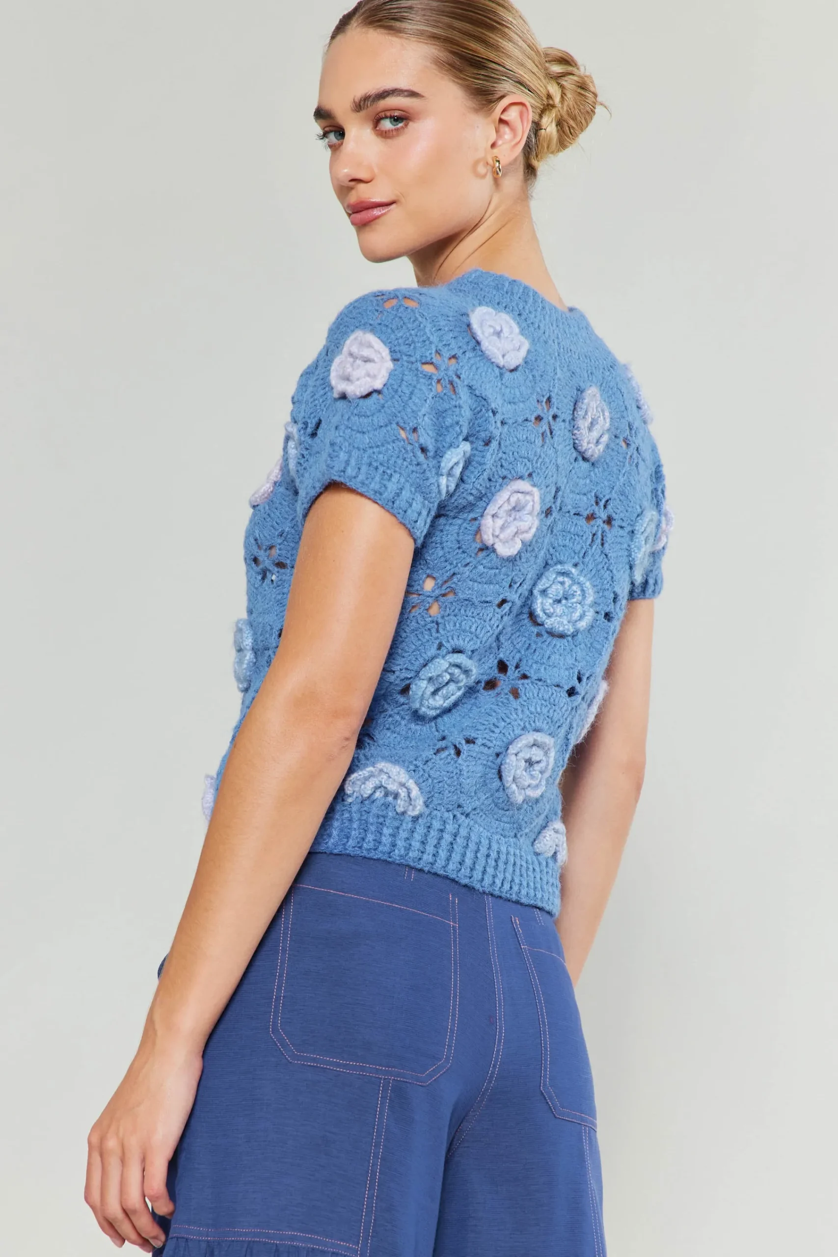 Current Air Knitwear | Short Sleeve Tops-3D Floral Crochet Top BLUEMLT