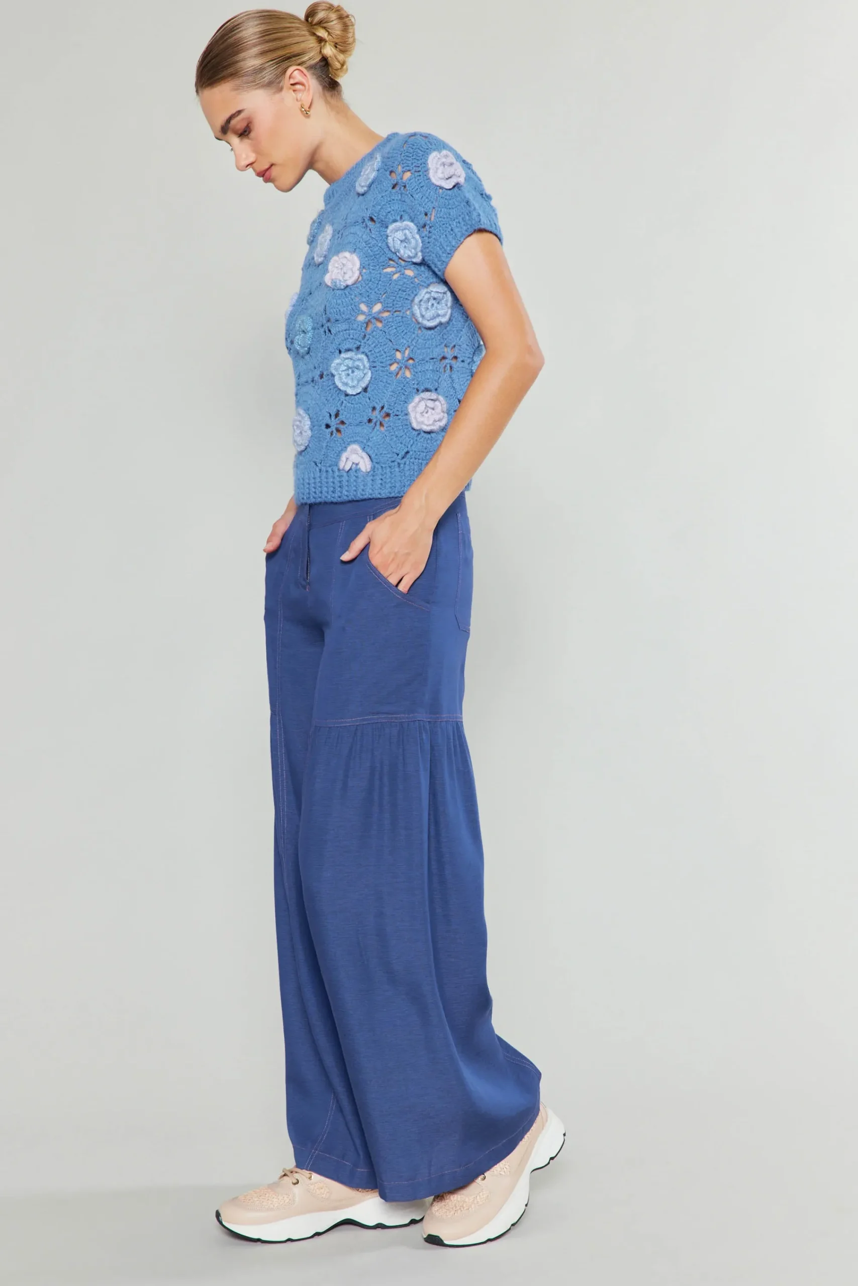 Current Air Knitwear | Short Sleeve Tops-3D Floral Crochet Top BLUEMLT