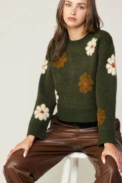 Current Air Knitwear | Sweaters-Daisy Embroidered Sweater KHAKI