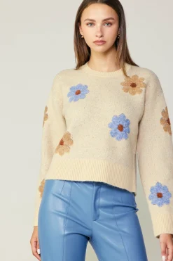 Current Air Knitwear | Sweaters-Daisy Embroidered Sweater CREAM