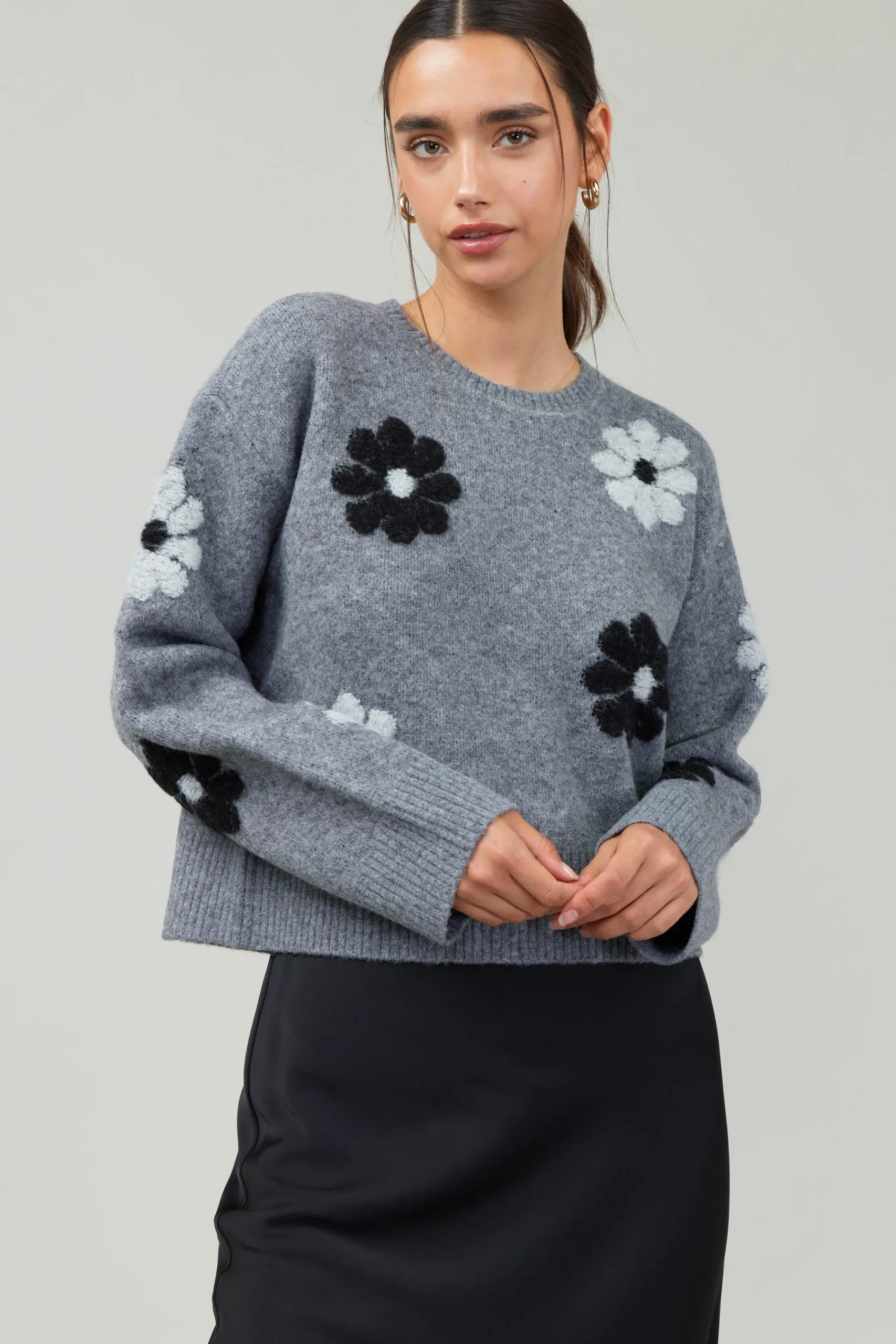 Current Air Knitwear | Sweaters-Daisy Embroidered Sweater MELANGEGREY