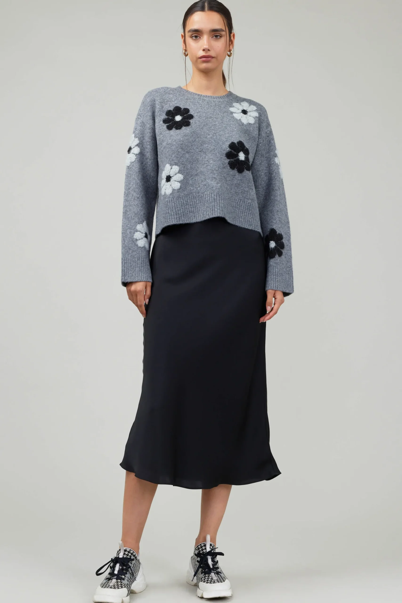 Current Air Knitwear | Sweaters-Daisy Embroidered Sweater MELANGEGREY