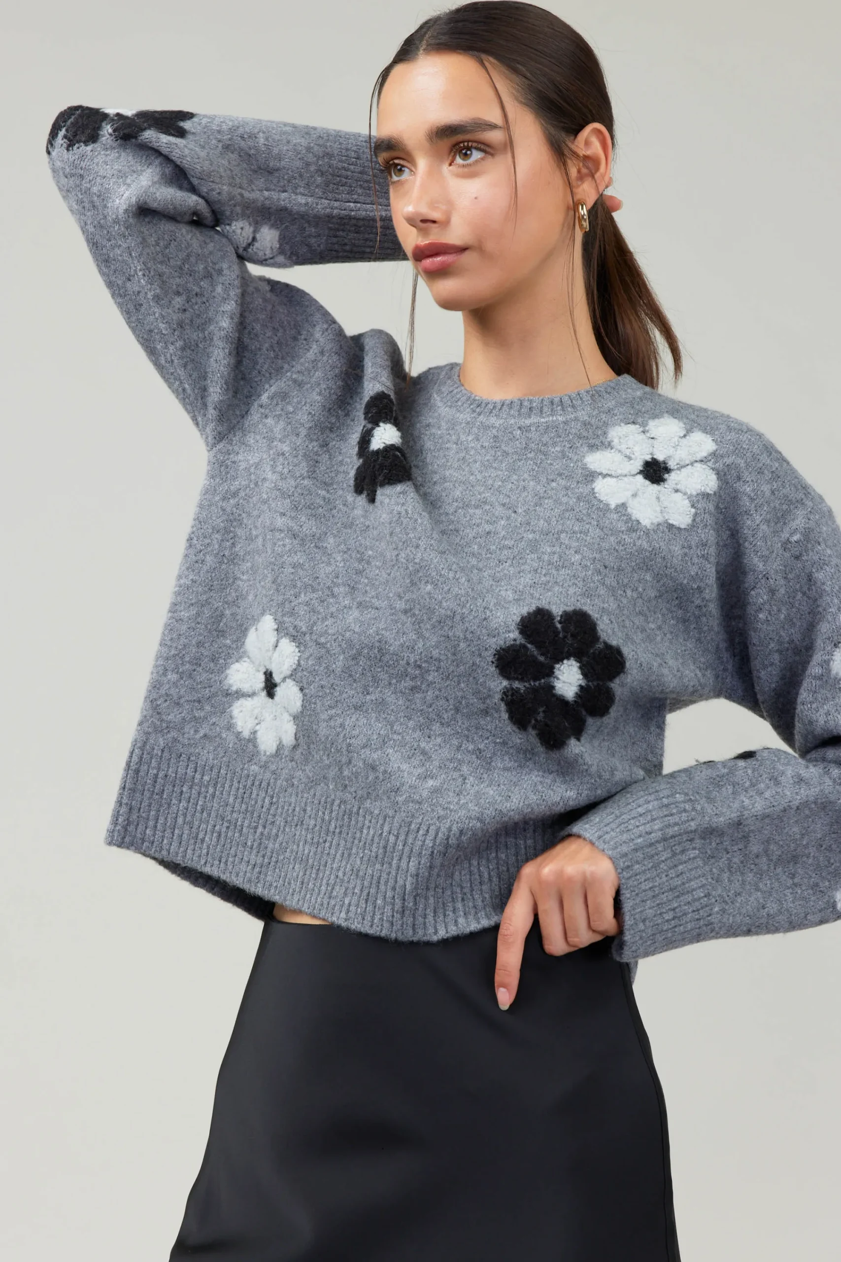 Current Air Knitwear | Sweaters-Daisy Embroidered Sweater MELANGEGREY