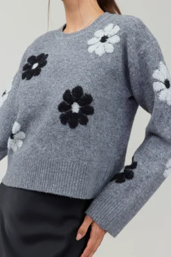 Current Air Knitwear | Sweaters-Daisy Embroidered Sweater MELANGEGREY