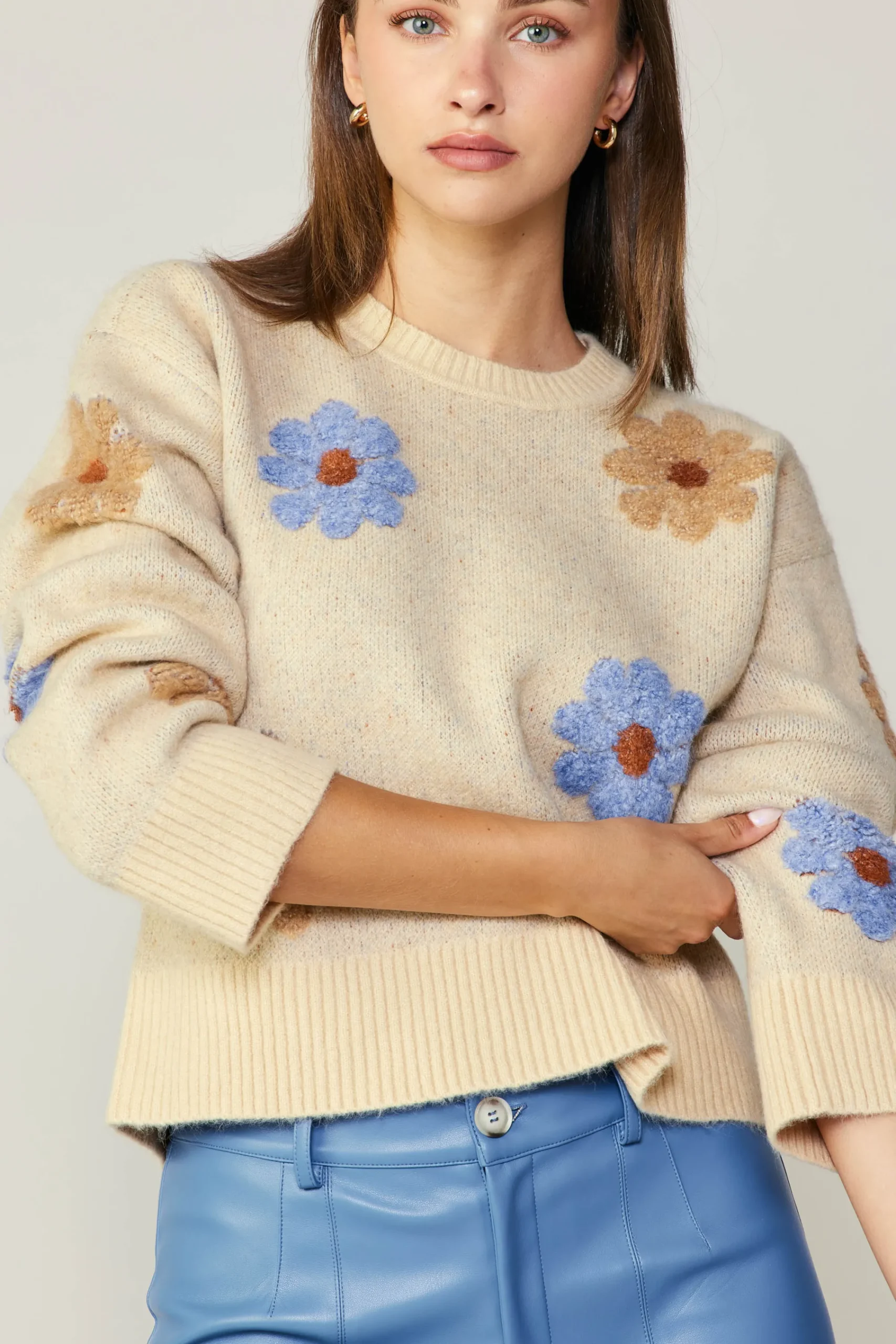 Current Air Knitwear | Sweaters-Daisy Embroidered Sweater CREAM