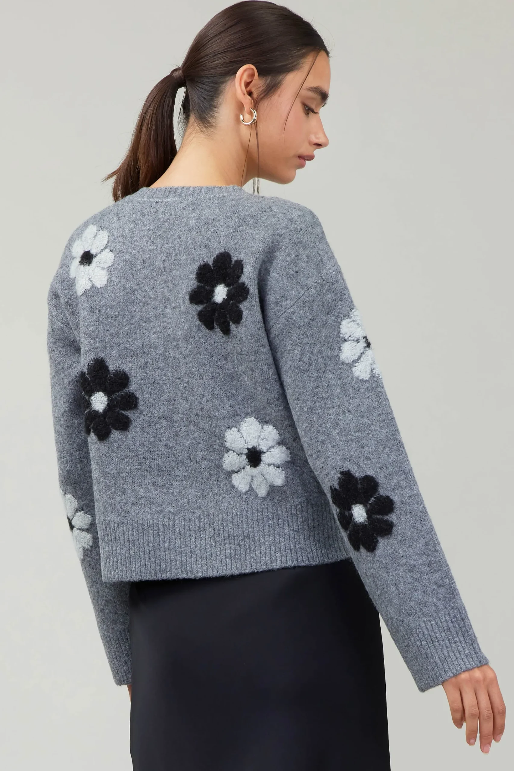 Current Air Knitwear | Sweaters-Daisy Embroidered Sweater MELANGEGREY