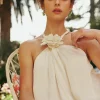 Current Air Sleeveless Tops-Detachable Rosette Halter Top PEARL