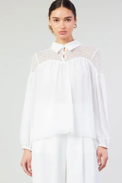 Current Air Long Sleeve Tops-Elyse Lace Yoke Blouse WHITE