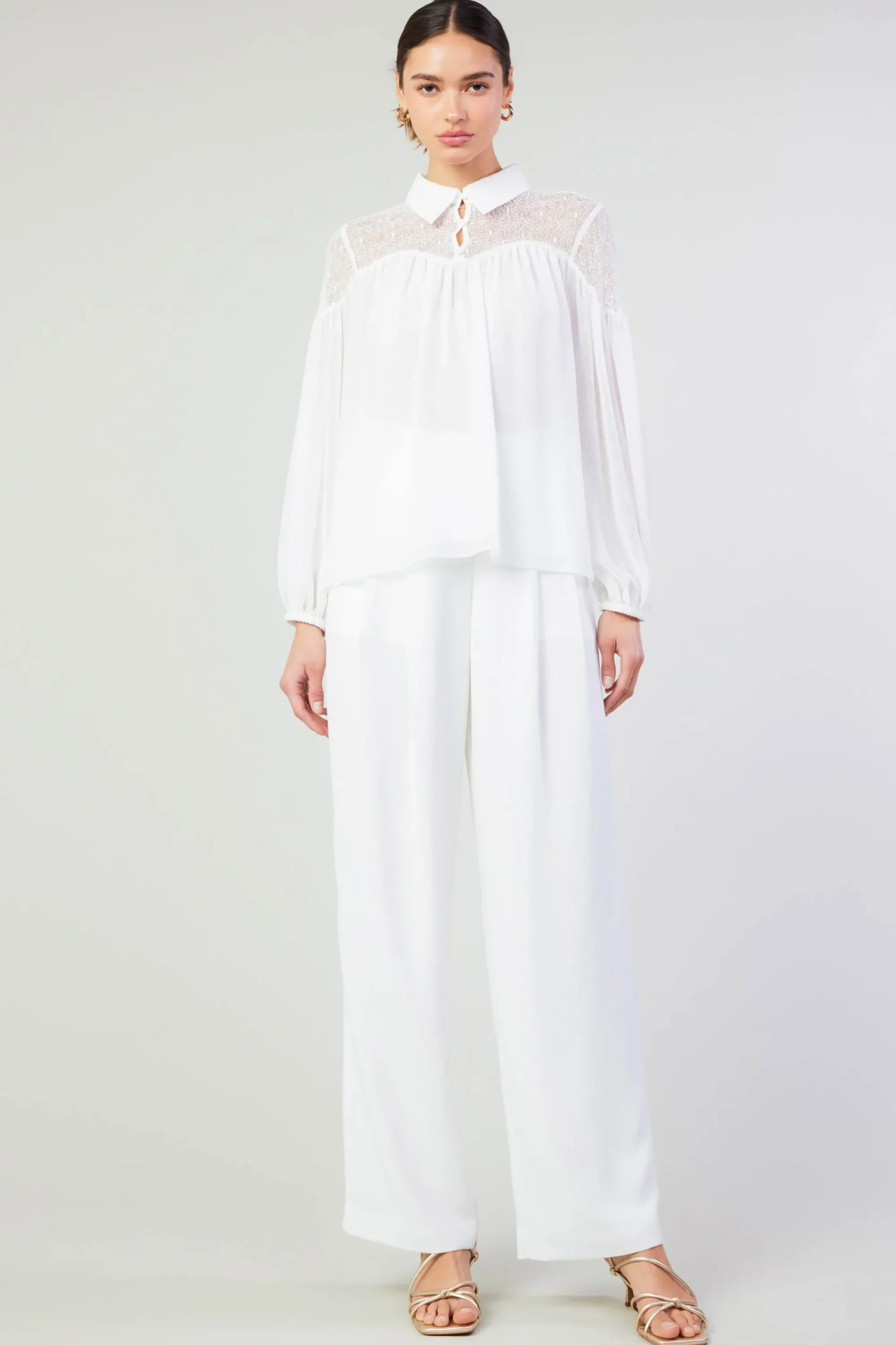 Current Air Long Sleeve Tops-Elyse Lace Yoke Blouse WHITE