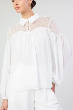 Current Air Long Sleeve Tops-Elyse Lace Yoke Blouse WHITE