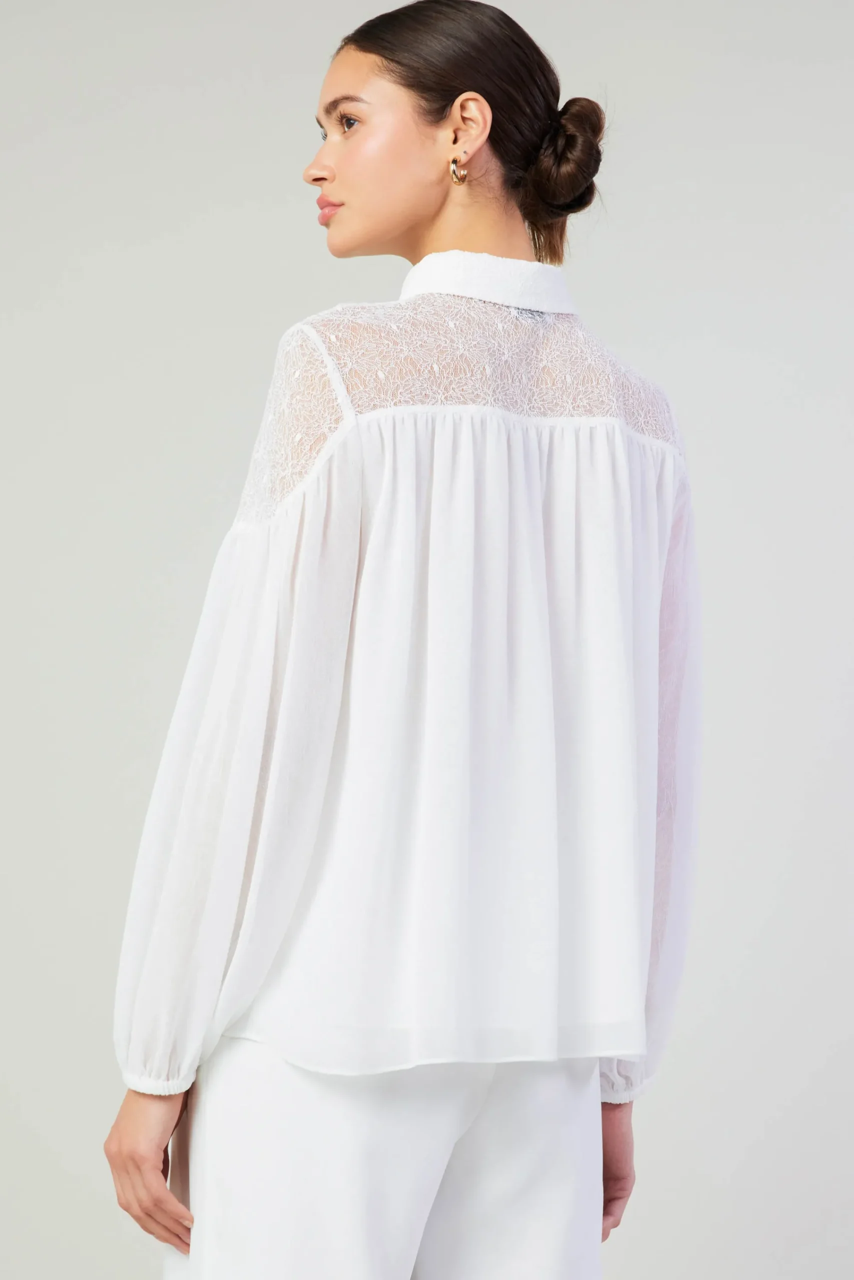 Current Air Long Sleeve Tops-Elyse Lace Yoke Blouse WHITE