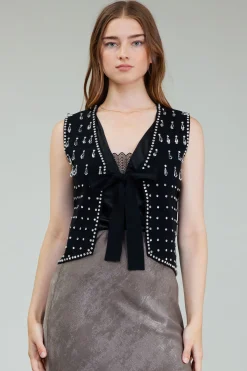 Current Air Cardigans-Embellished Cardigan Vest BLACK