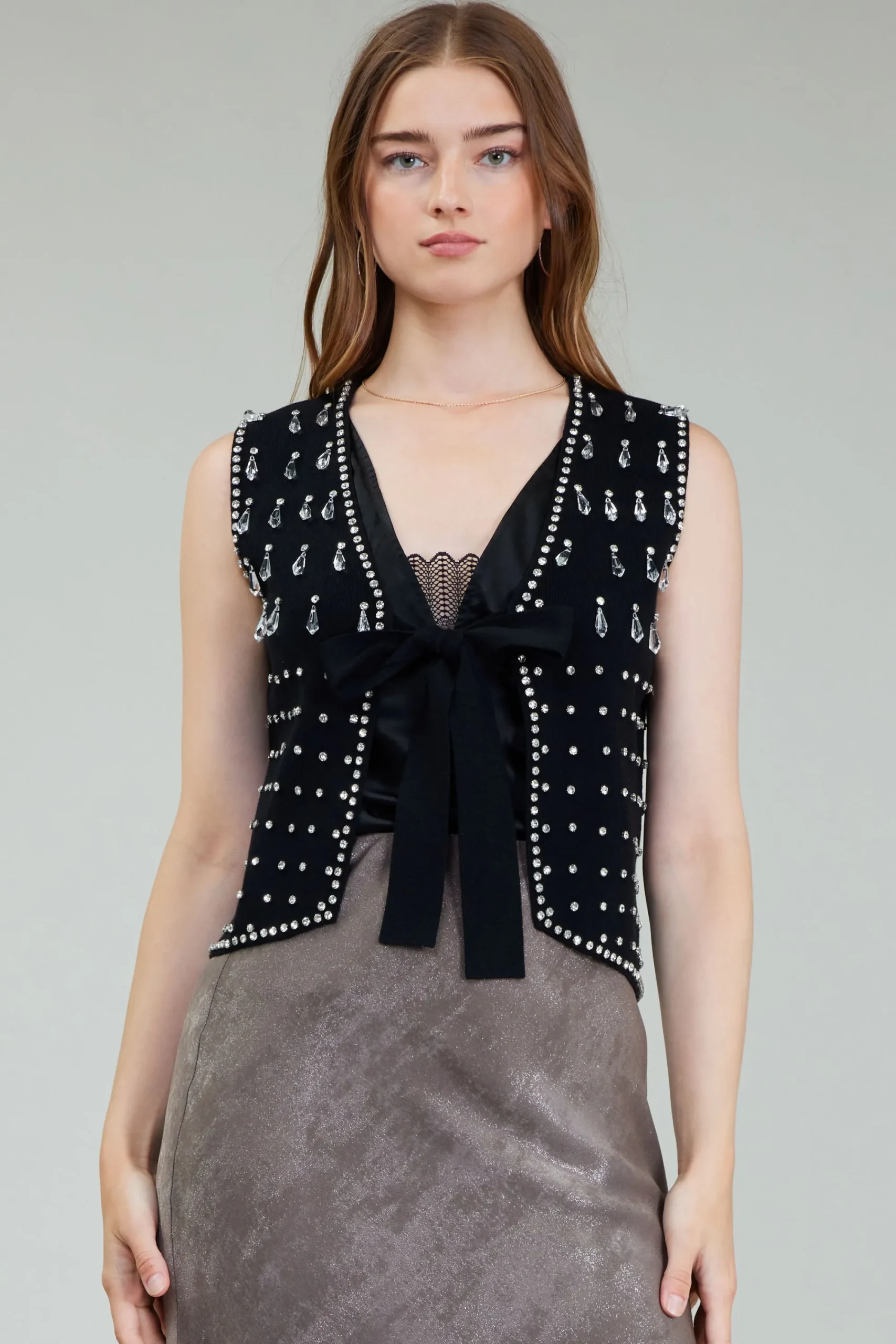 Current Air Cardigans-Embellished Cardigan Vest BLACK