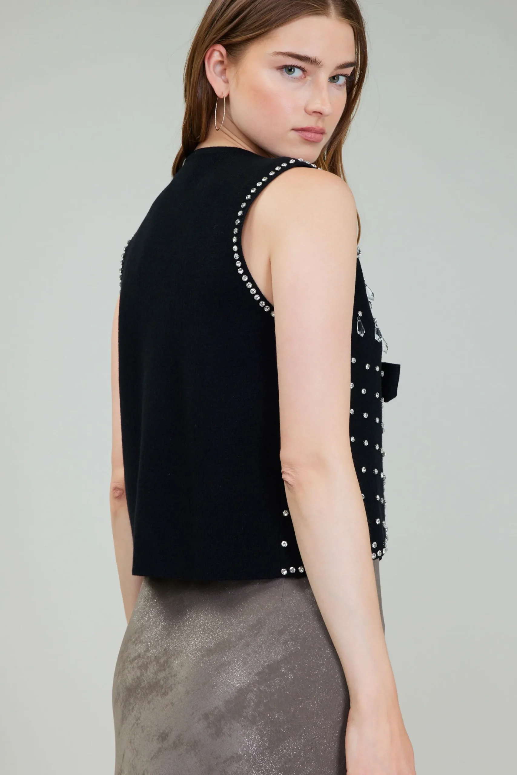 Current Air Cardigans-Embellished Cardigan Vest BLACK