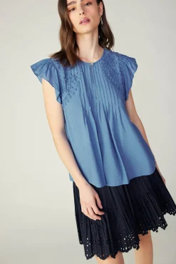 Current Air Sleeveless Tops | Short Sleeve Tops-Embroidered Cap Sleeve Top DENIMBLUE