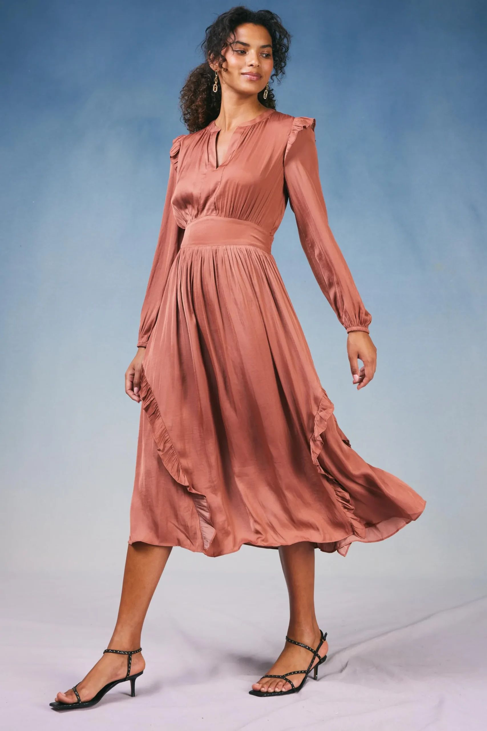 Current Air Midi Dresses-Emmaline Ruffled Midi Dress CARAMEL