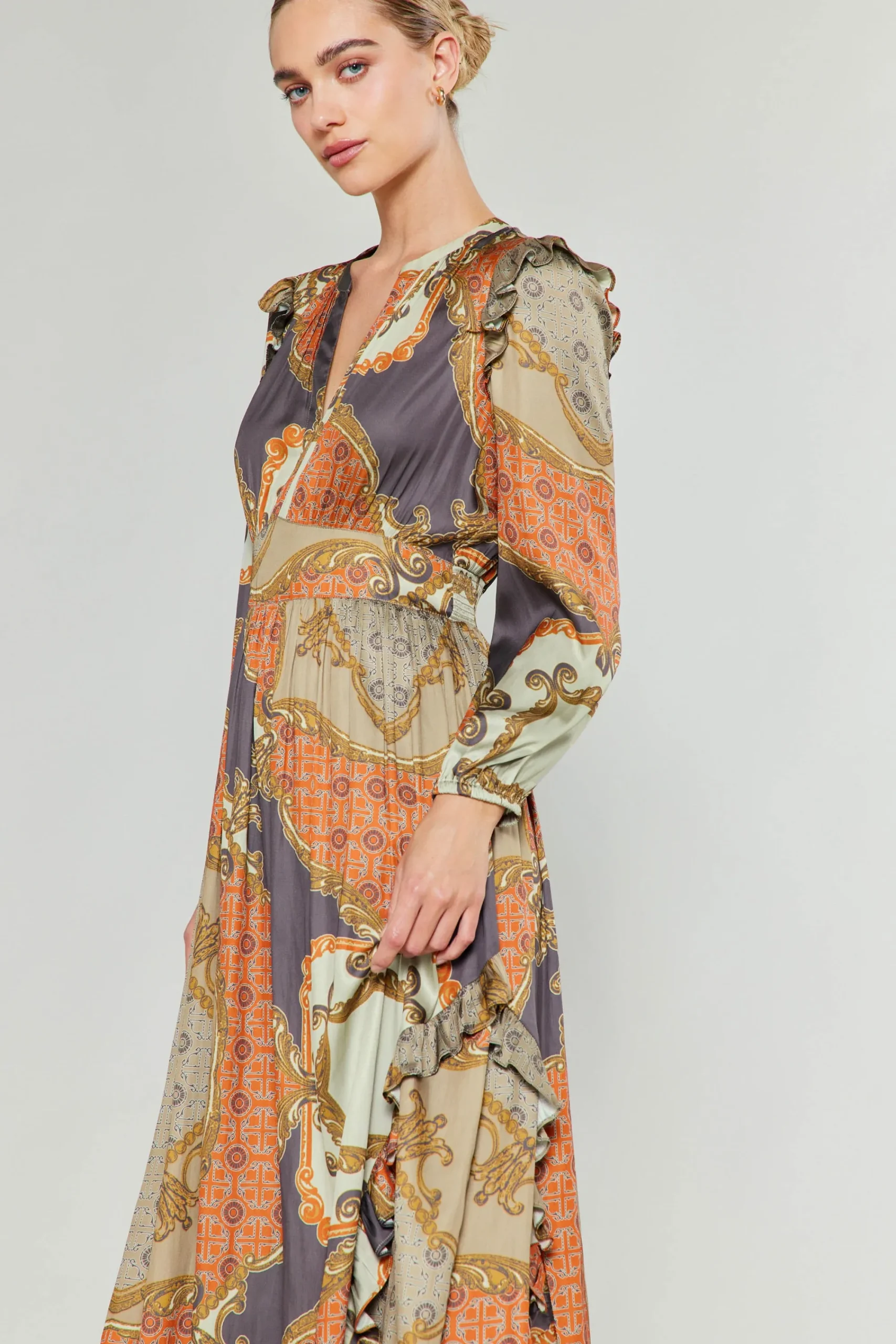Current Air Midi Dresses-Emmaline Ruffled Midi Dress BROWNMLT