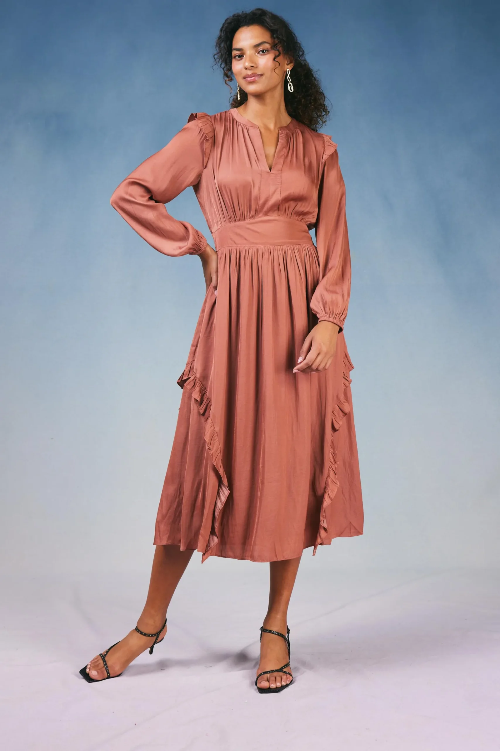Current Air Midi Dresses-Emmaline Ruffled Midi Dress CARAMEL